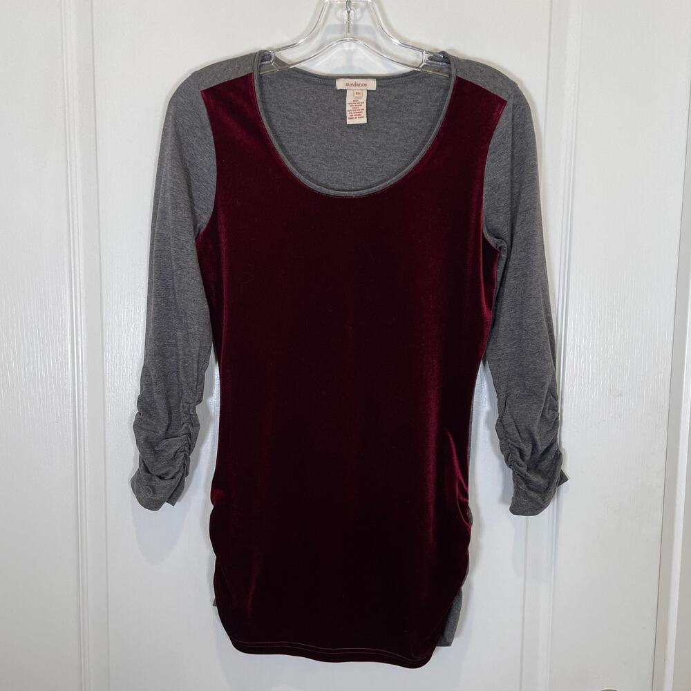 Sundance Velvet Tee Dulcet Tones Ruched Burgundy Gray Holiday‎ Deep Red XS